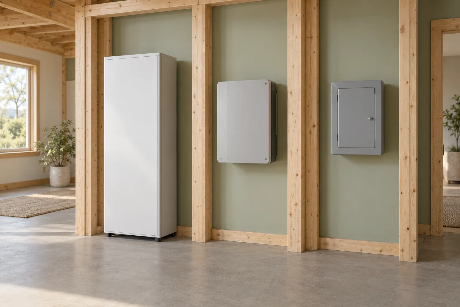 Three different closed generic cabinet forms stand in separate timber wall bays, without connecting wiring or working indicators.