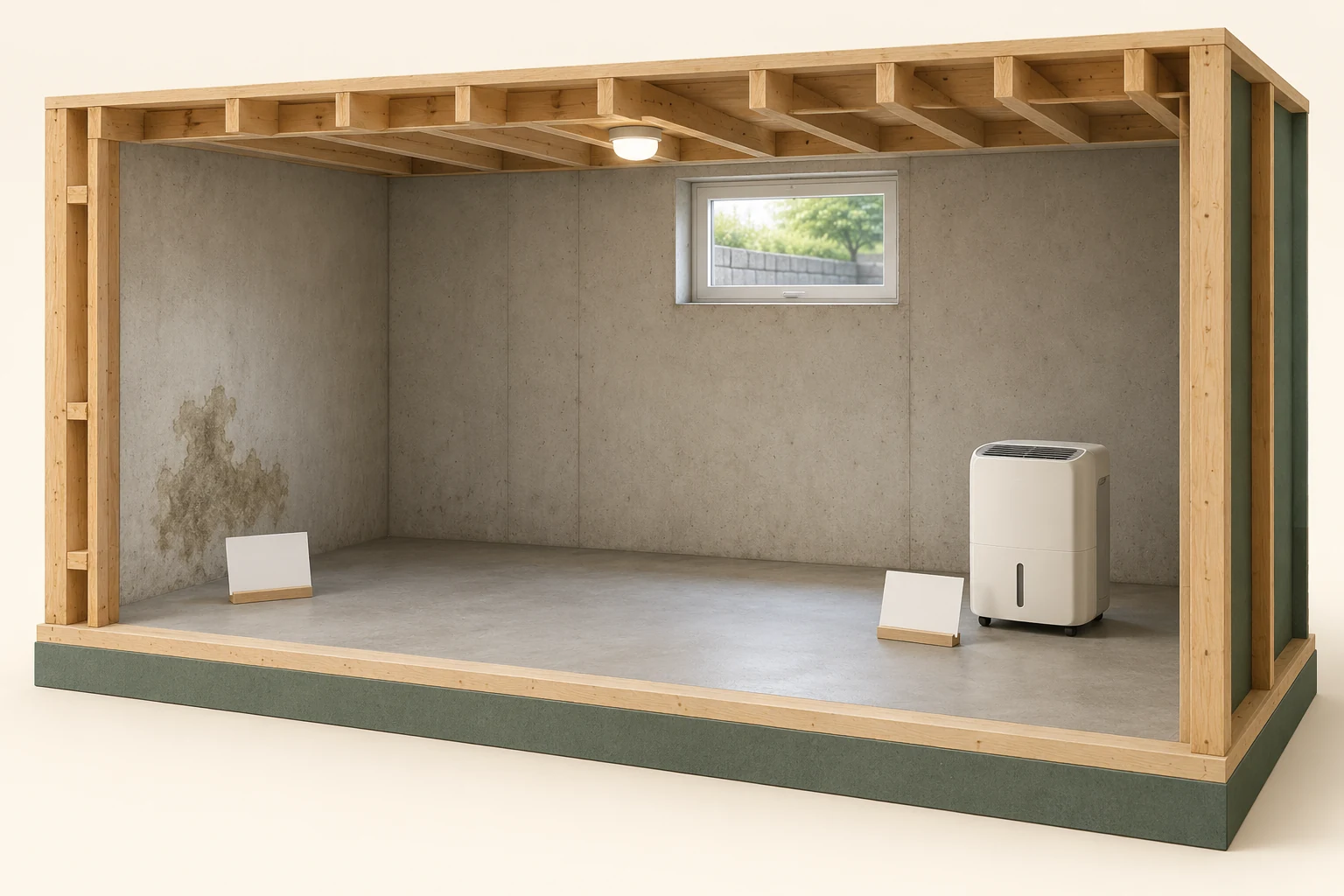 The retained basement-room cutaway shows a closed portable appliance on the right, an irregular discoloured wall patch on the left, a window, exposed timber edges and two blank small cards. No readings, water route or labelled diagnosis are visible.