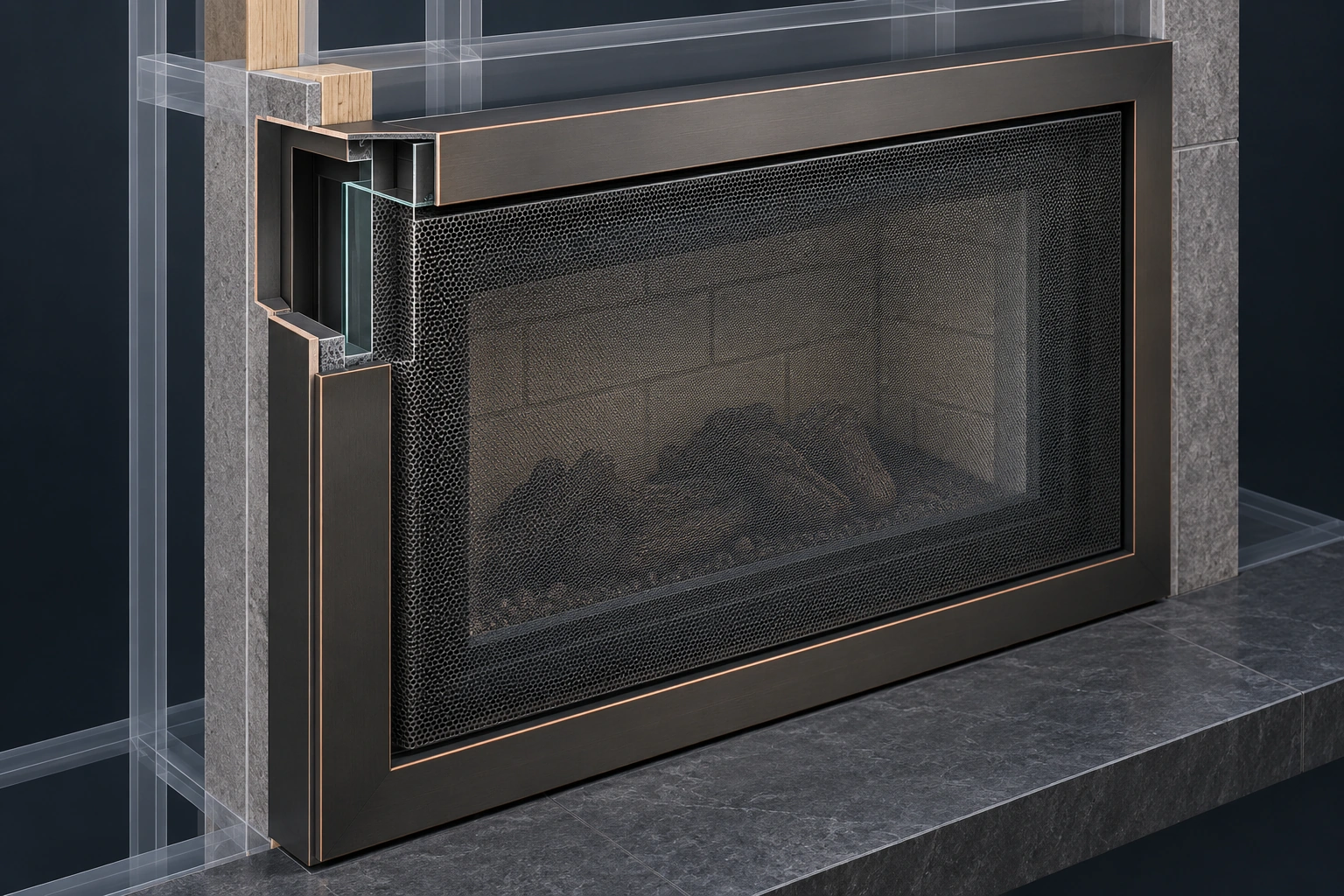 A conceptual fireplace-front corner cutaway shows mesh across the front, a separate translucent glass edge behind it in the left corner and decorative trim around the perimeter.