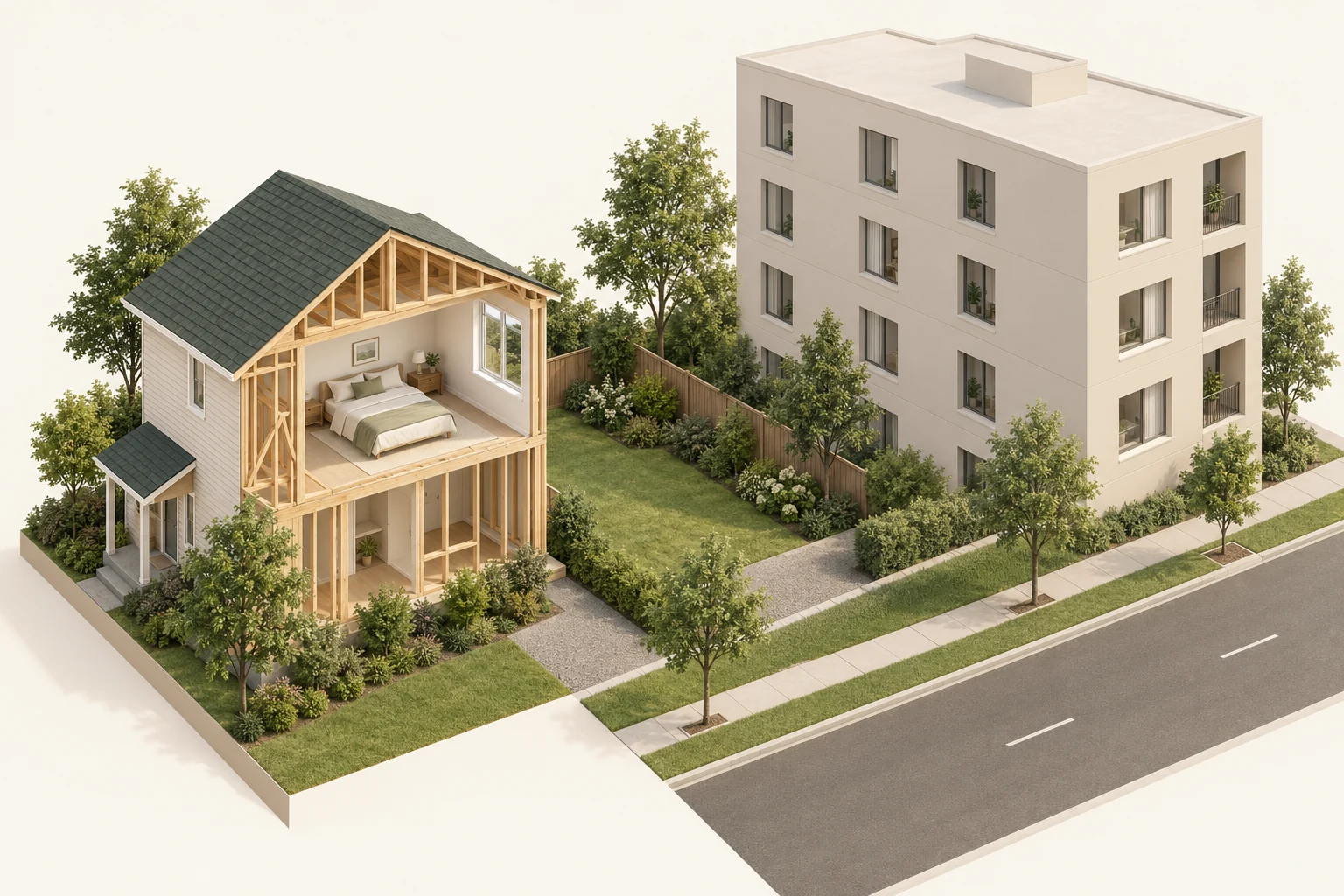 Fictional unscaled model shows a timber-frame home with an upstairs bedroom window, a taller adjacent building, yard, trees, sidewalk, road and access paths.