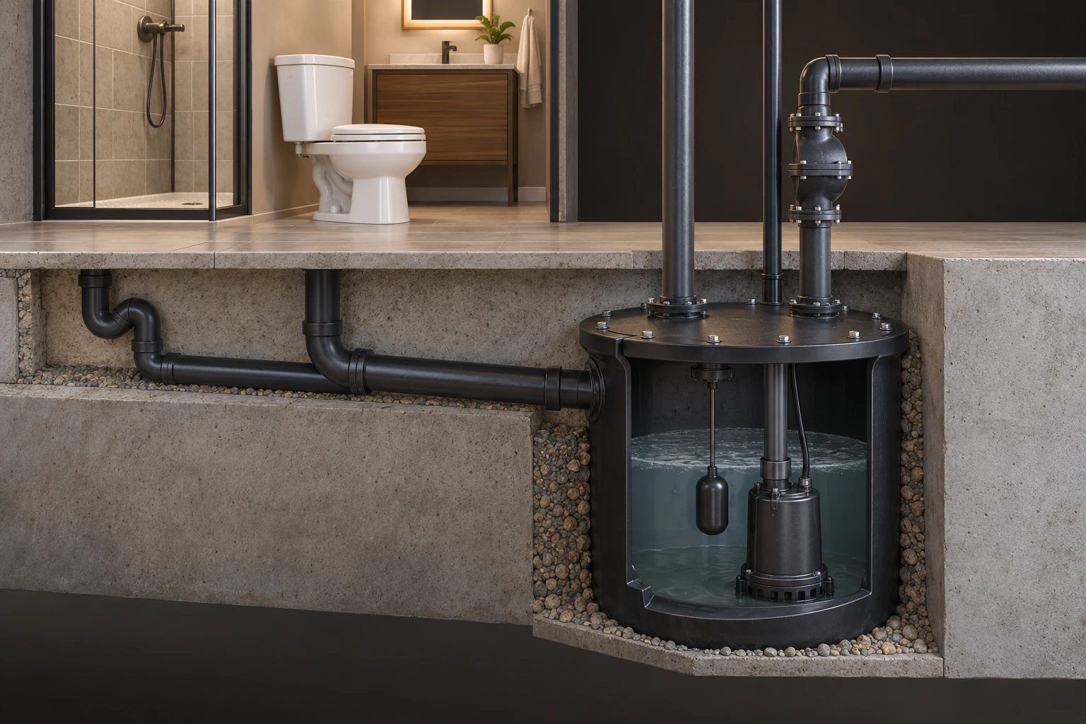 House cutaway with low bathroom fixtures, a below-floor sealed sewage basin, pump and separate rising pipes.