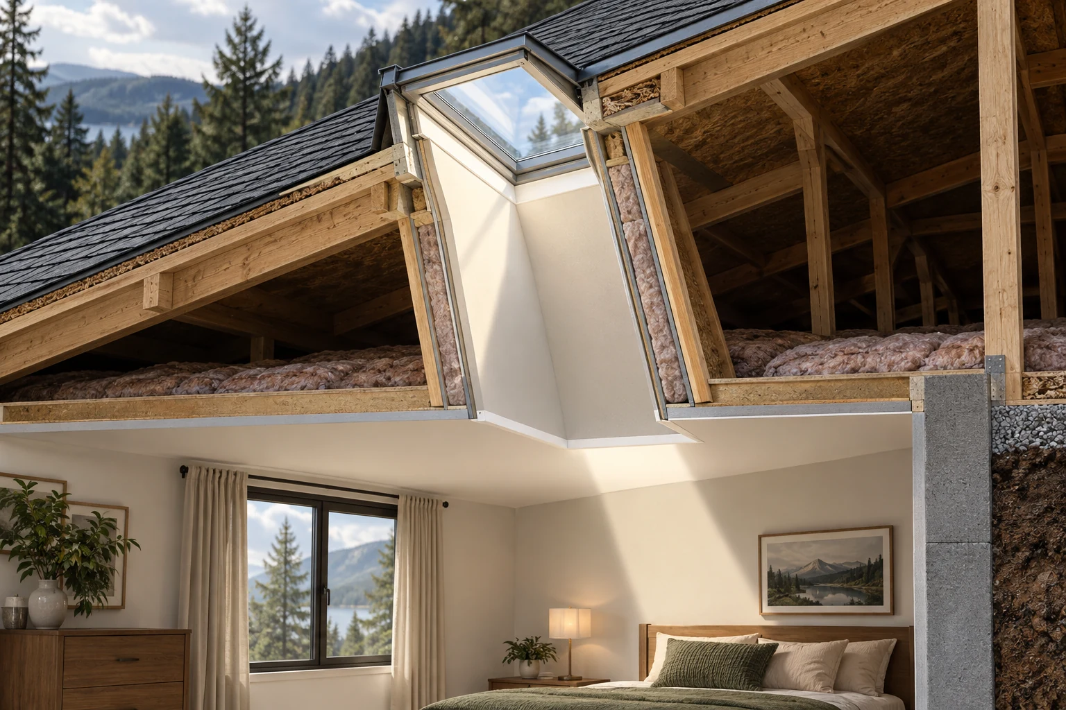 House section showing a roof skylight above a lined shaft, surrounding timber attic framing and a furnished bedroom below.