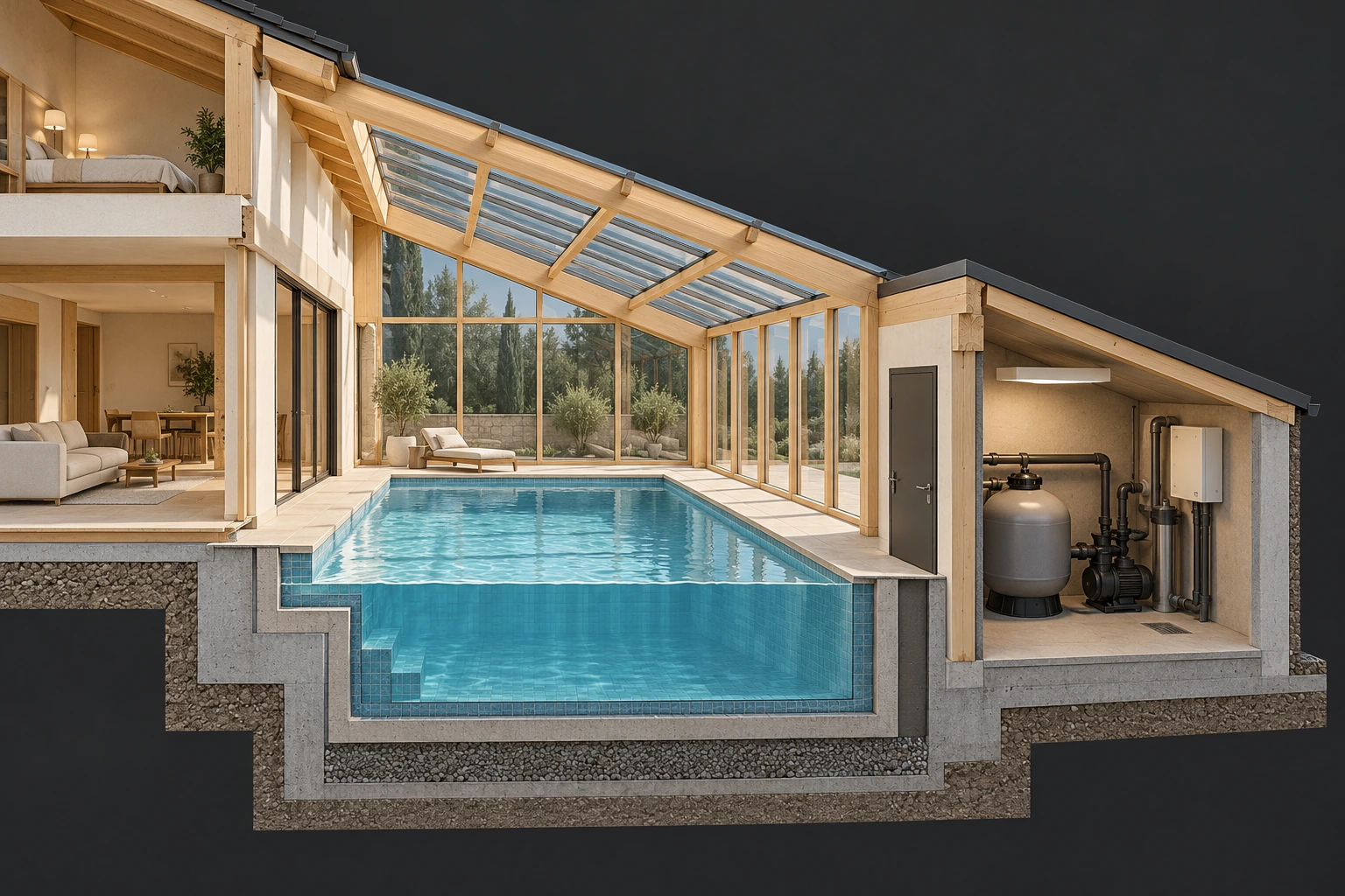 The pool shell and water sit below a glazed enclosure, beside a separate room containing a pump, filter-like vessel and closed equipment. Water-equipment work and the roof, glazing and surrounding construction are distinct scopes.