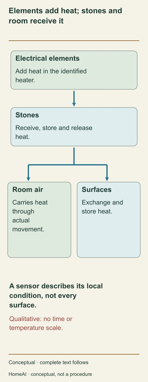 A vertical qualitative heat route links elements, stone storage, moving air and room surfaces without a numeric scale.