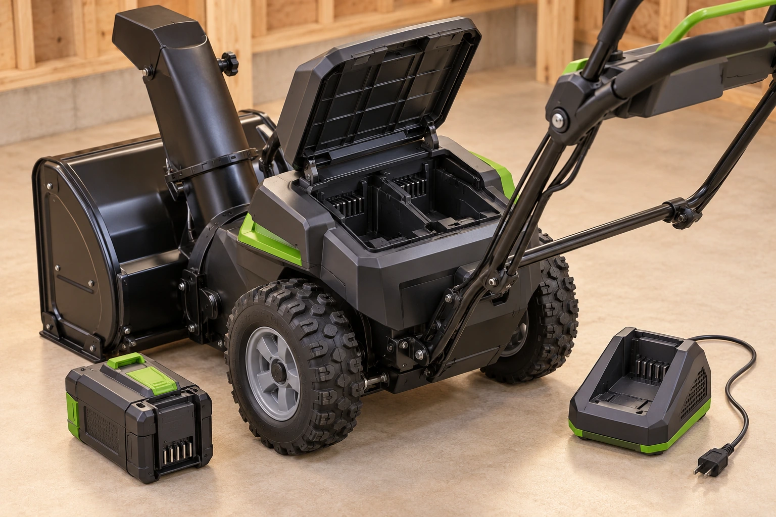Battery snowblower with an explanatory raised compartment lid and empty bays, with a separate intact battery pack and unplugged matching-style charger.