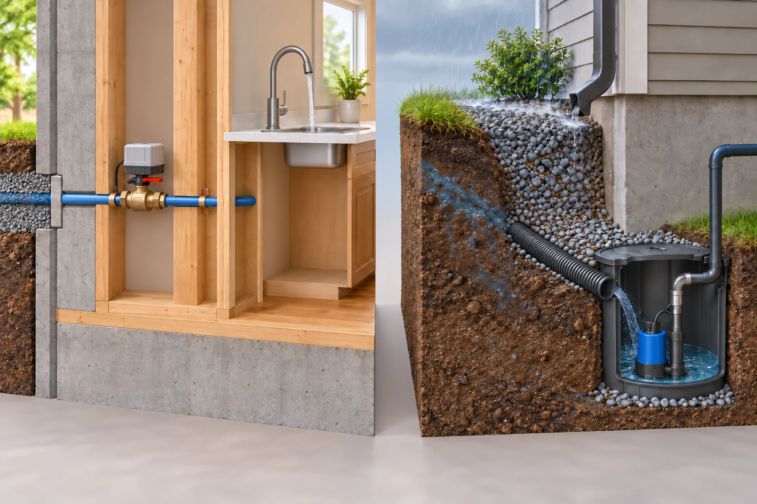 Two separate conceptual areas: an indoor controlled supply segment beside a sink, and exterior rain and groundwater moving toward a separate drainage pipe and sump basin.