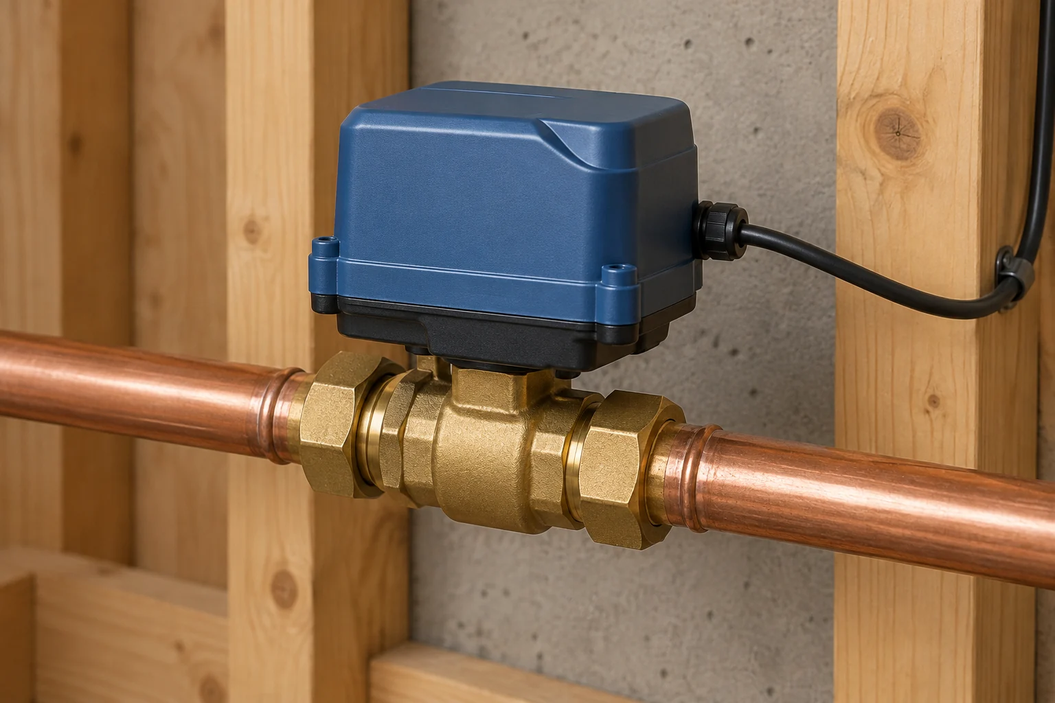 Close exterior view of a closed blue actuator housing above a brass valve body connected between two copper pipe sections, with an external cable.
