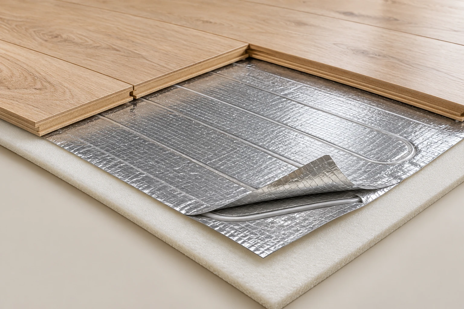 Reinforced foil containing heating wire beneath a partly revealed floating wood floor.