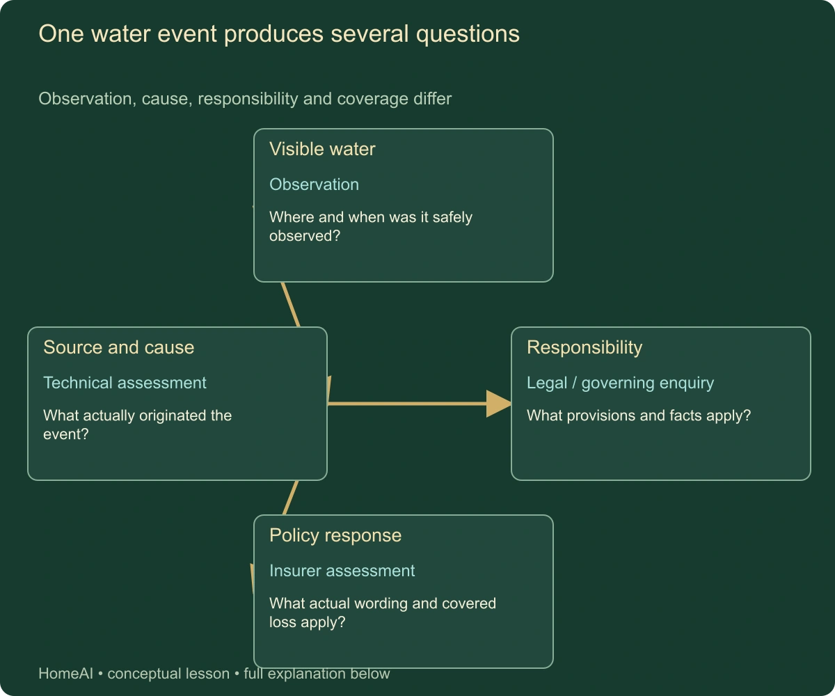 One water event produces several questions. Observation, cause, responsibility and coverage differ. Complete labels and relationships follow in static text.