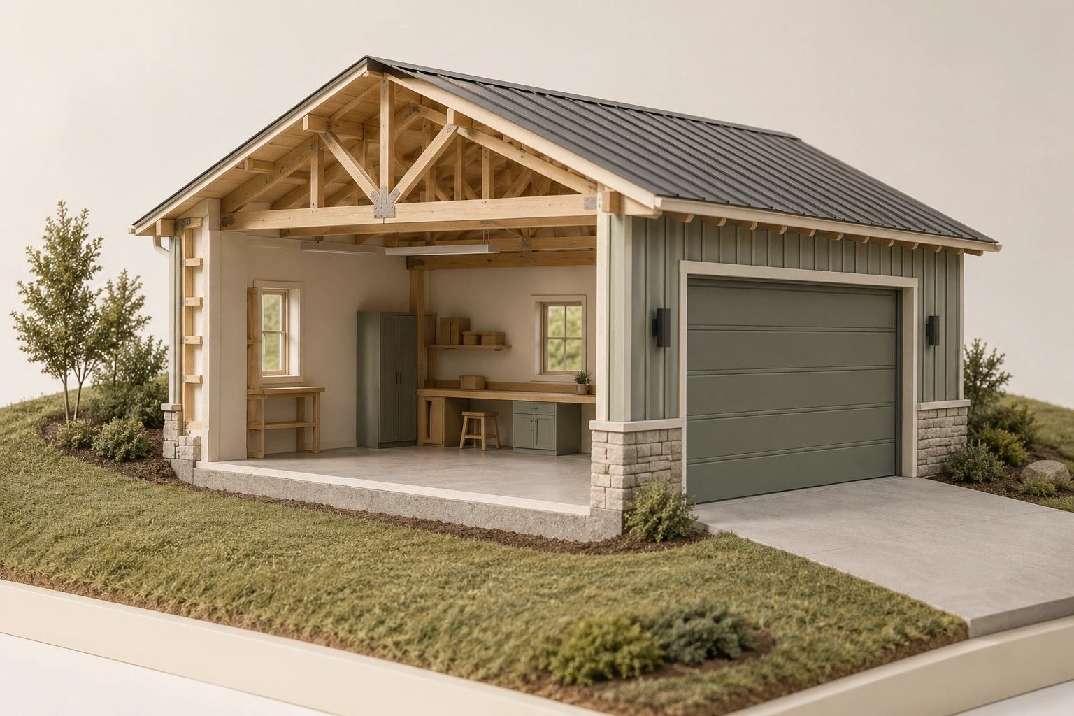 Detached workshop relates closed large door and apron to surrounding ground; side cutaway reveals interior, but no water route or measured grade shown.