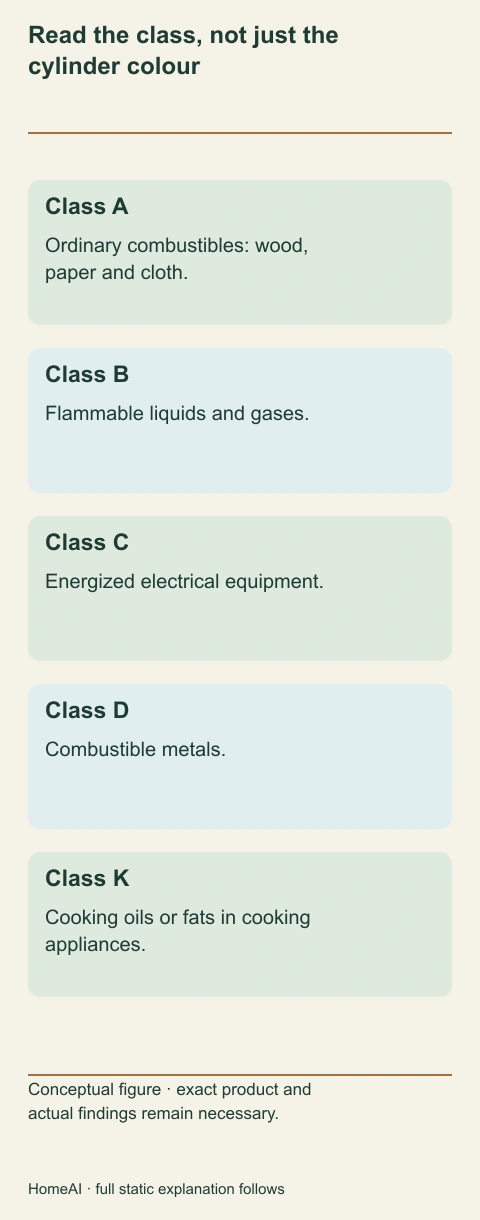 The letters identify different burning materials or an energized-electrical condition. A product marked ABC does not acquire a K marking because it is kept near a kitchen.