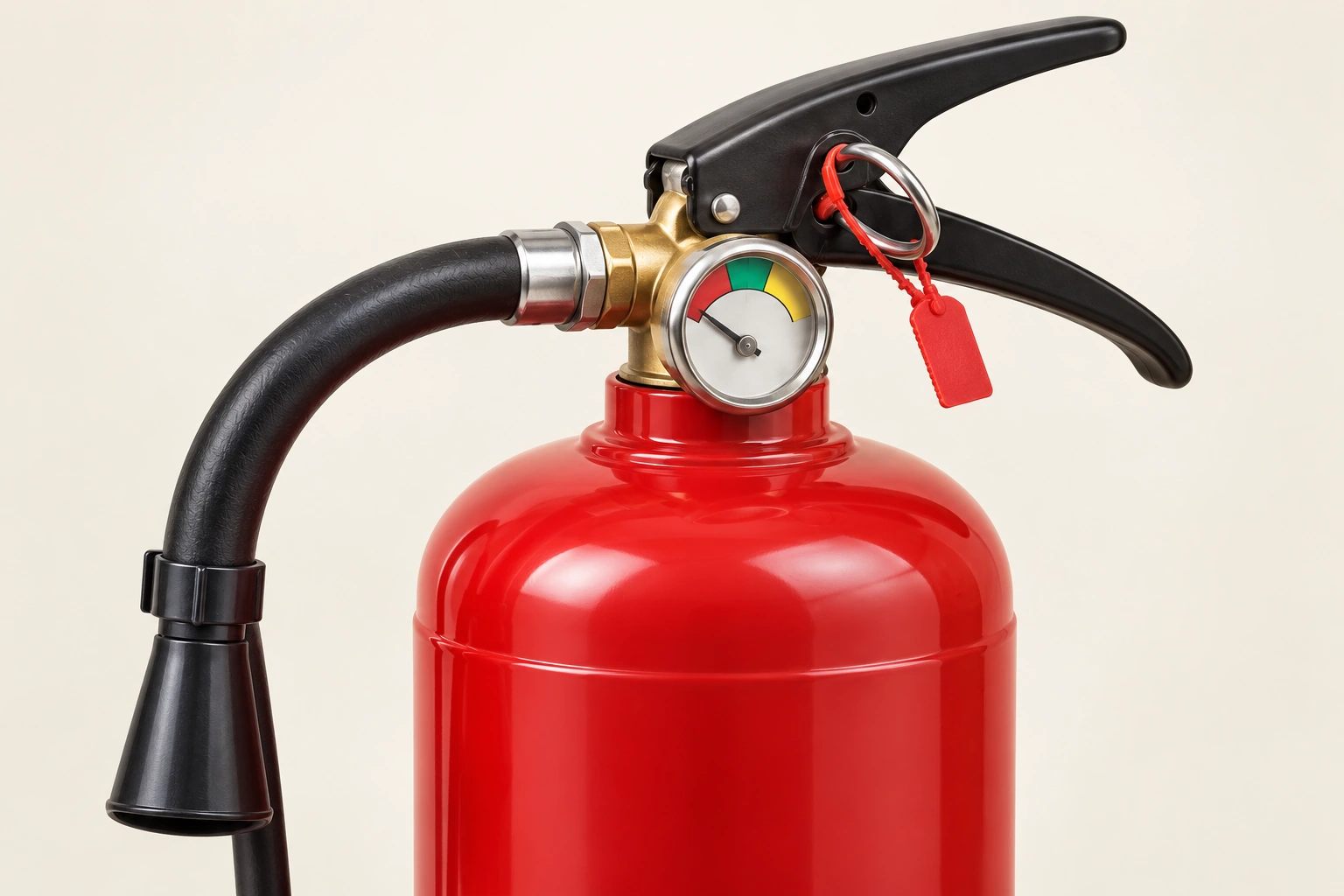 An assembled extinguisher head shows a pin, red tamper indication, two handles, attached hose and a gauge pointing into a red band.
